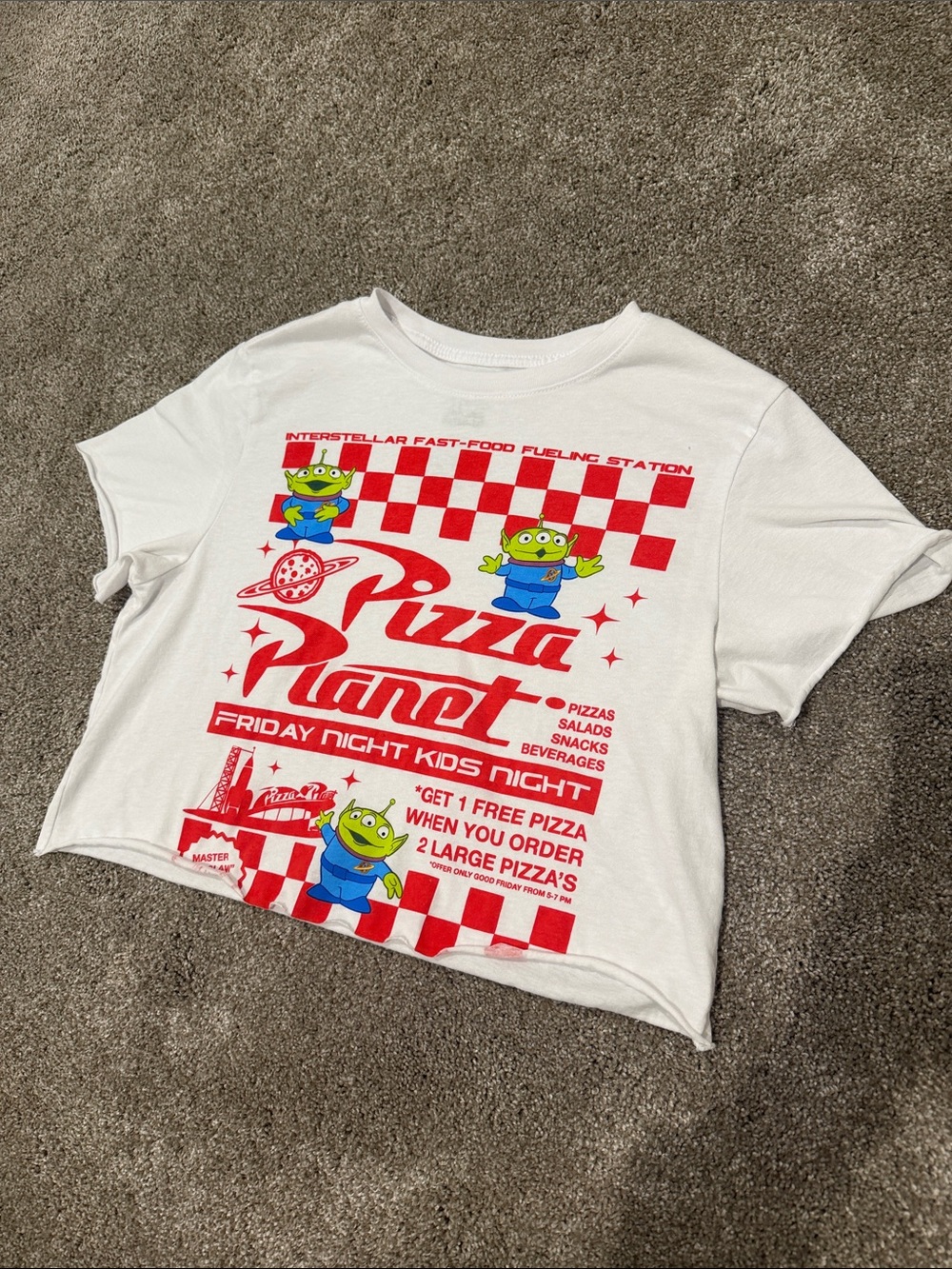 Disney Pizza Planet Graphic Crop Top - White with Red & Green